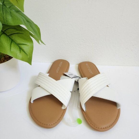 West Loop Elegant White Slide Sandals For Women, Minimalist Cross Strap … - Picture 7 of 8
